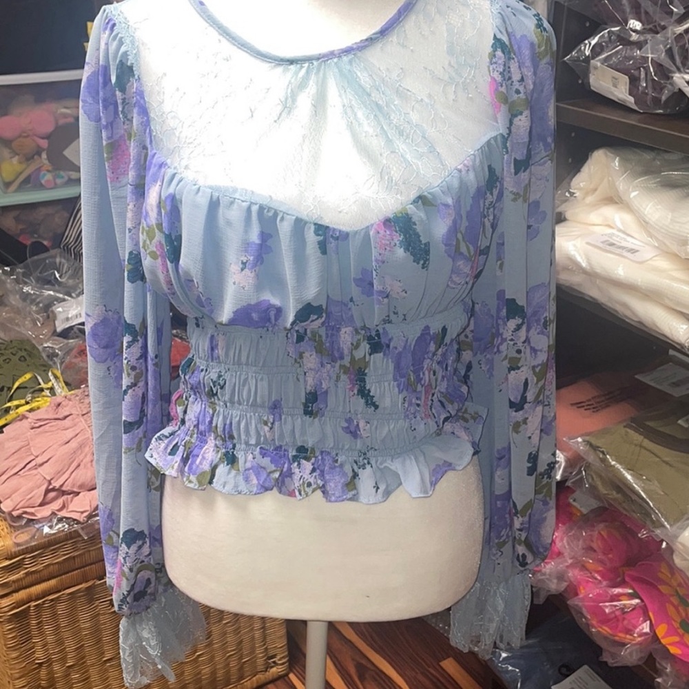 Free People Floral Lace Blouse - Blue and Purple